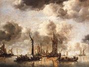 Jan van de Cappelle A Dutch Yacht Firing a Salute as a Barge Pulls Away and Many Small vessels at Anchor France oil painting artist